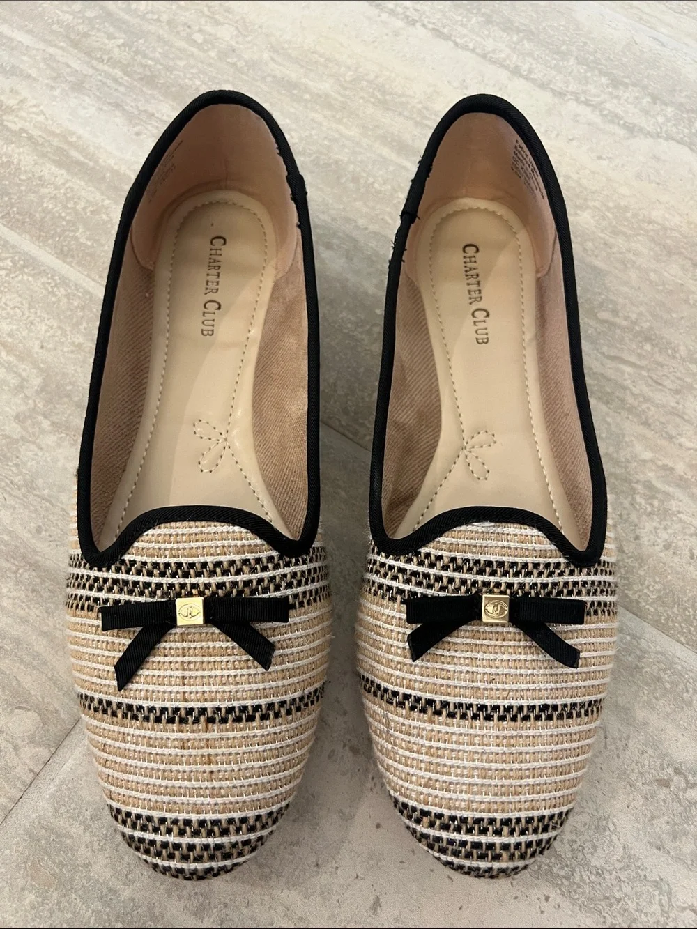 Charter Club Striped Beige and Black Ribbon Loafers